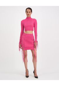 HERVE LEGER - Różowa mini spódnica z wiązaniami. Kolor: różowy, wielokolorowy, fioletowy. Wzór: prążki #7