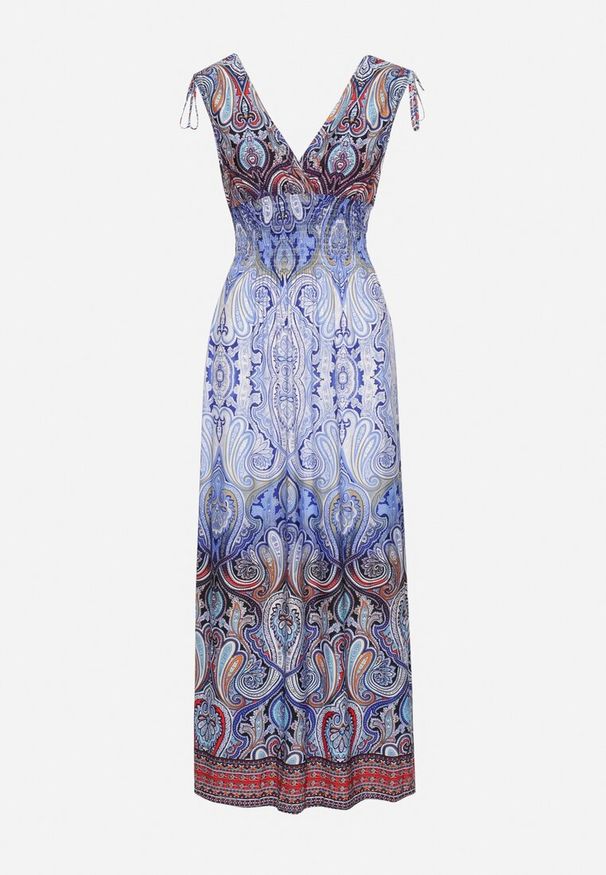 Born2be - Niebieska Sukienka Boho na Lato ze Sznurkami na Ramionach i Gumką w Talii Aharleta. Kolor: niebieski. Sezon: lato. Styl: boho