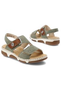 Sandały damskie Rieker, cholewka ze skóry ekologicznej zapinane na rzep z materiałowym wnętrzem, zielone, 66280-52. Zapięcie: rzepy. Kolor: zielony. Materiał: materiał, skóra ekologiczna #2