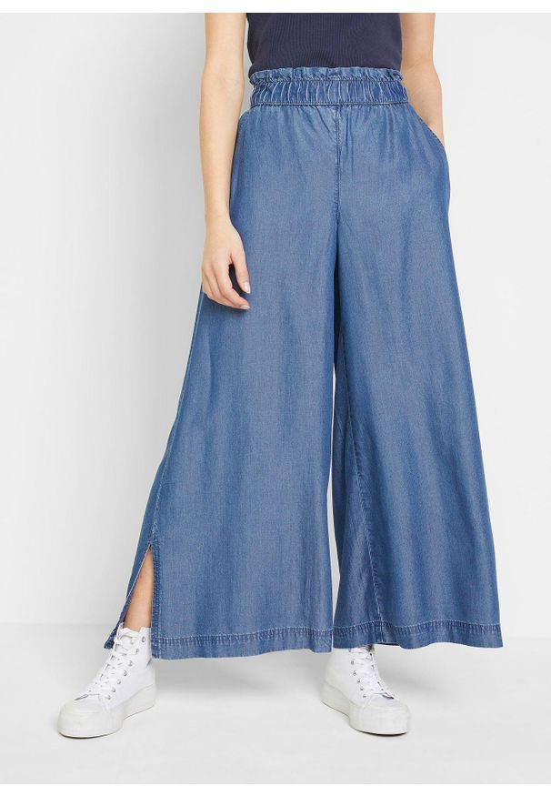 bonprix - Lejące spodnie palazzo z rozcięciem z boku nogawek, dł. 7/8. Kolor: niebieski. Sezon: lato