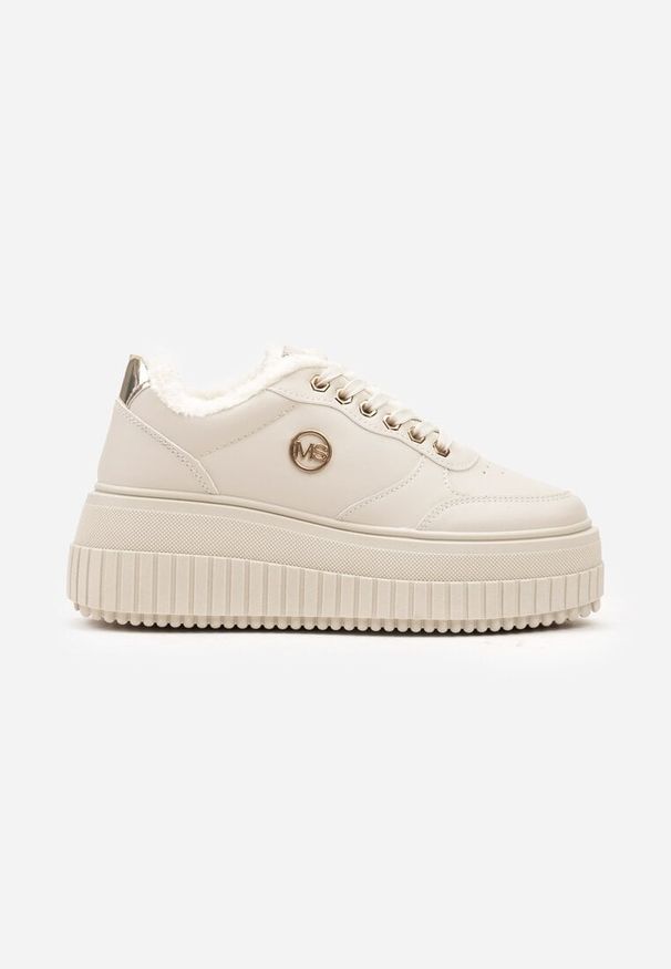 Born2be - Beżowe Sznurowane Sneakersy na Grubej Tłoczonej Podeszwie z Aplikacją Tilinae. Nosek buta: okrągły. Zapięcie: sznurówki. Kolor: beżowy. Materiał: jeans. Wzór: aplikacja