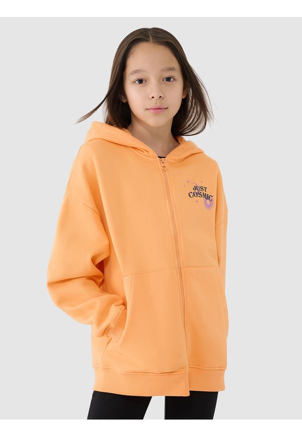 4f - 4F Bluza dresowa rozpinana z kapturem dziewczęca - pomarańczowa 158 (12-13 lat). Okazja: na co dzień. Typ kołnierza: kaptur. Kolor: pomarańczowy. Materiał: dresówka. Wzór: napisy, nadruk, ze splotem, gładki. Sezon: lato. Styl: casual, sportowy
