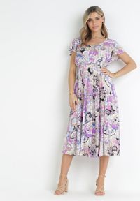 Born2be - Fioletowa Wiskozowa Sukienka Midi z Gumką w Pasie i Falbankami Yele. Typ kołnierza: kołnierz z falbankami. Kolor: fioletowy. Materiał: wiskoza. Długość rękawa: krótki rękaw. Wzór: aplikacja. Sezon: wiosna, lato. Długość: midi #1