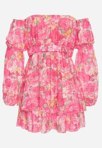 Born2be - Fuksjowa Wiskozowa Sukienka Hiszpanka z Falbanami i Paskiem w Kwiaty Virmoi. Okazja: na co dzień, na spacer. Typ kołnierza: dekolt hiszpanka. Kolor: różowy. Materiał: wiskoza. Wzór: kwiaty. Typ sukienki: proste. Styl: casual #7