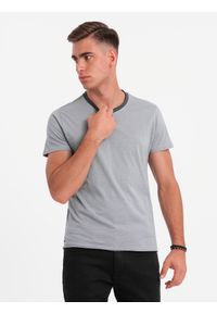 Ombre Clothing - T-shirt męski z surowym wykończeniem – szary V1 - Rozmiar: XL. Okazja: na co dzień. Kolor: szary. Materiał: skóra, materiał, bawełna. Wzór: aplikacja. Styl: casual
