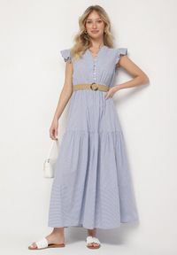 Born2be - Niebieska Bawełniana Sukienka Boho o Rozkloszowanym Kroju z Paskiem z Klamrą Iffalisse. Okazja: na spacer. Kolor: niebieski. Materiał: bawełna. Wzór: aplikacja. Typ sukienki: rozkloszowane. Styl: boho #1