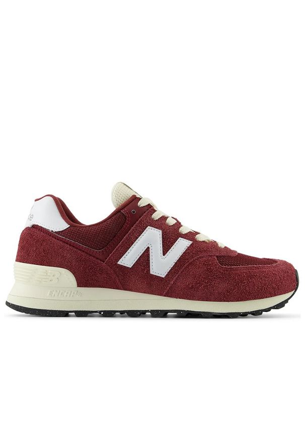 Buty New Balance U574RBK - bordowe. Okazja: na co dzień. Kolor: czerwony. Materiał: skóra, dresówka, materiał, syntetyk, guma. Szerokość cholewki: normalna. Model: New Balance 574