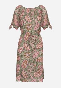 Born2be - Różowa Sukienka z Bawełny z Okrągłym Dekoltem i Wiązaniem w Pasie Tosaria. Okazja: na co dzień. Kolor: różowy. Materiał: bawełna. Sezon: lato. Styl: casual, elegancki #2