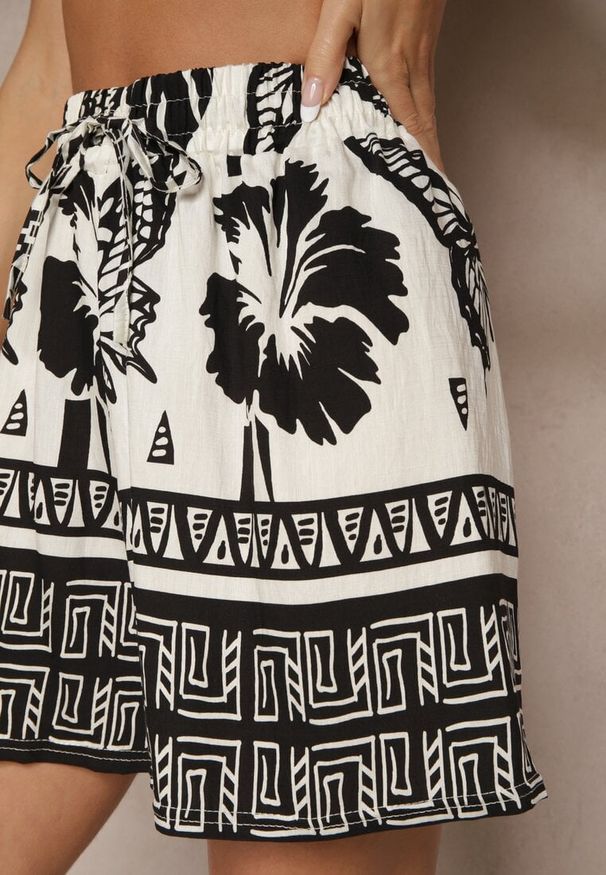 Renee - Czarno-Białe Wiskozowe Szorty High Waist z Motywem Roślinnym Mirenalia. Okazja: na co dzień. Stan: podwyższony. Kolor: czarny. Materiał: wiskoza. Styl: elegancki, casual, klasyczny