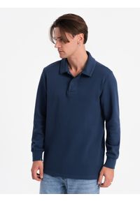 Ombre Clothing - Bluza męska z kołnierzykiem polo ze strukturalnej dzianiny - ciemnoniebieska V5 OM-SSNZ-0149 - XXL. Typ kołnierza: polo. Kolor: niebieski. Materiał: dzianina #6