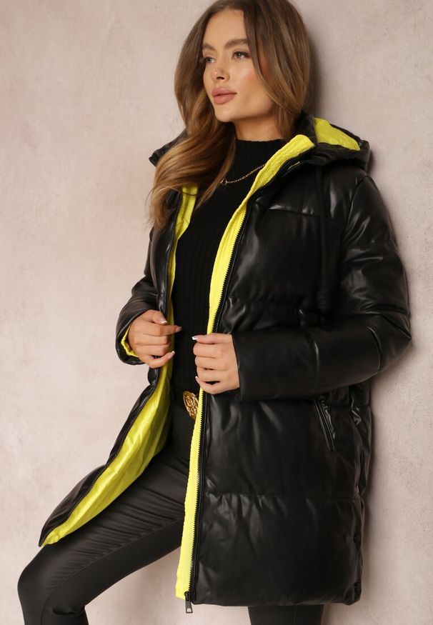Renee - Czarno-Żółta Kurtka Pikowana z Imitacji Skóry Helle. Kolor: czarny. Materiał: skóra. Styl: klasyczny