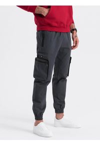 Ombre Clothing - Męskie spodnie JOGGERY z odstającymi i zapinanymi kieszeniami cargo - grafitowe V6 OM-PAJO-0135 - XXL. Kolor: szary. Materiał: bawełna, tkanina, elastan, guma. Wzór: nadruk #4