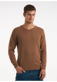 Ochnik - Sweter męski. Okazja: na co dzień. Kolor: beżowy. Materiał: bawełna. Długość: długie. Styl: casual, klasyczny #1