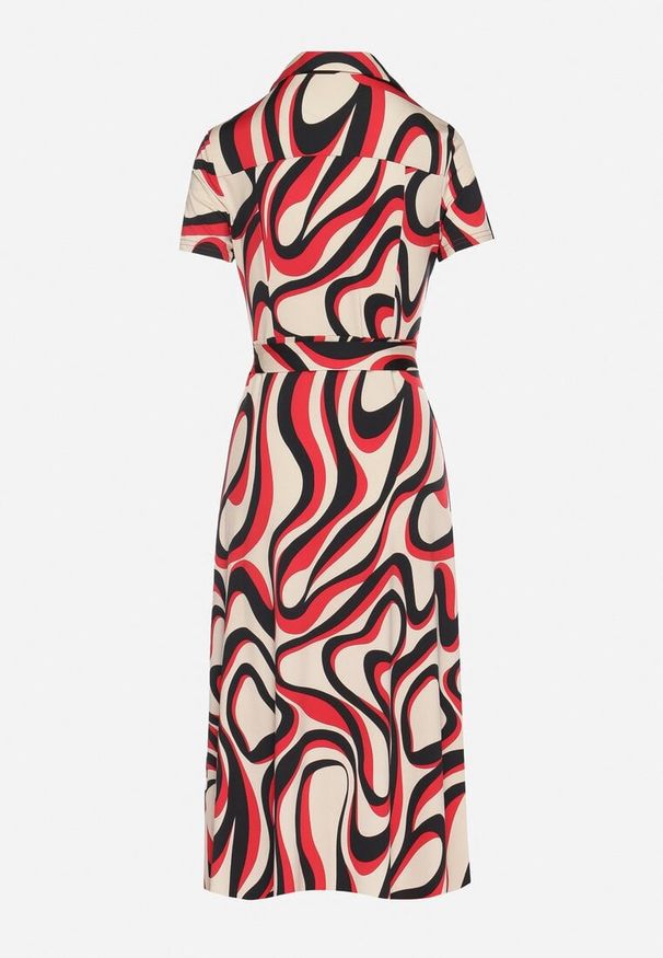 Born2be - Czerwona Sukienka Koszulowa w Geometryczny Wzór z Paskiem Zimorae. Typ kołnierza: kołnierzyk klasyczny. Kolor: czerwony. Wzór: geometria. Typ sukienki: koszulowe. Styl: elegancki, klasyczny