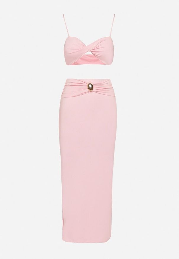 Born2be - Różowy Komplet z Wiskozą Top na Ramiączkach i Spódnica z Rozcięciem Savolise. Kolor: różowy. Materiał: wiskoza