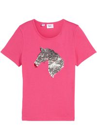 bonprix - T-shirt dziewczęcy z obracanymi cekinami, z bawełny organicznej. Kolor: różowy. Materiał: bawełna