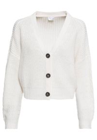Sweter rozpinany bonprix biel wełny. Kolor: biały. Materiał: wełna
