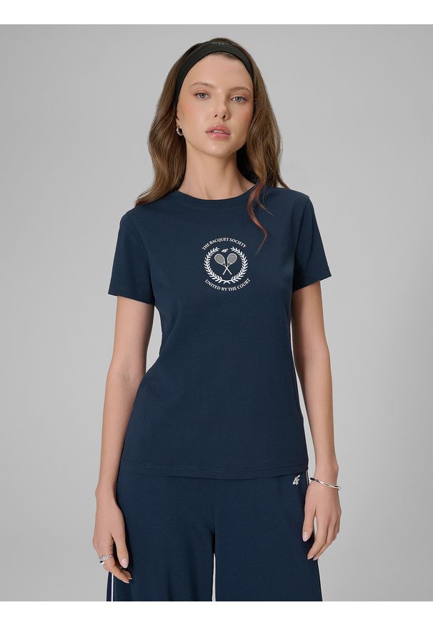 4f - 4F T-shirt slim z nadrukiem damski - granatowy S. Okazja: na spacer, na co dzień. Kolor: niebieski. Materiał: bawełna, jeans, materiał. Wzór: nadruk. Styl: casual