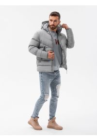 Ombre Clothing - Kurtka męska zimowa C519 - szara - XXL. Kolor: szary. Materiał: puch, poliester. Wzór: jednolity, geometria. Sezon: zima. Styl: klasyczny #4