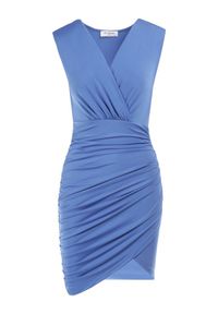 Born2be - Granatowa Sukienka Thibaud. Okazja: na randkę. Kolor: niebieski. Długość rękawa: bez rękawów. Wzór: aplikacja. Typ sukienki: kopertowe. Długość: mini
