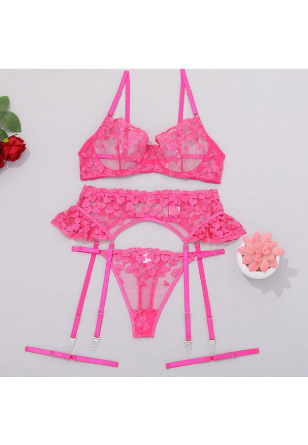 Intica - Zestaw bielizny koronkowej czteroczęściowy z pasem do pończoch Ughetta. Kolor: różowy. Materiał: koronka. Wzór: aplikacja, koronka