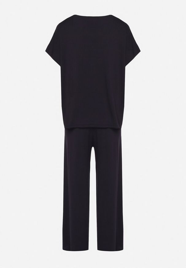 Born2be - Granatowy Wiskozowy Komplet Szerokie Spodnie i T-shirt Inelora. Kolor: niebieski. Materiał: wiskoza