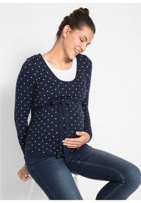 bonprix - Sweter ciążowy i do karmienia piersią 2w1 z cienkiej dzianiny. Typ kołnierza: kokarda. Kolekcja: moda ciążowa. Kolor: niebieski. Materiał: materiał, dzianina. Styl: elegancki, klasyczny #1
