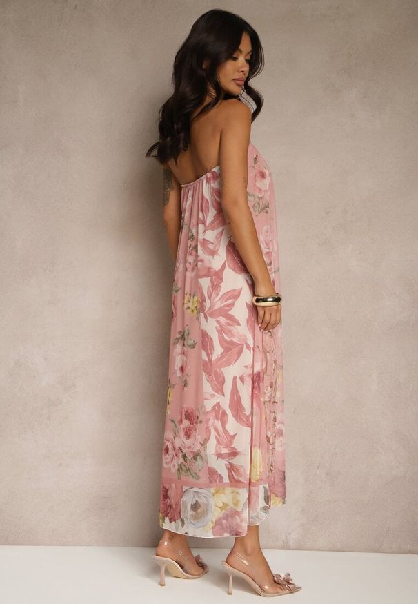 Renee - Różowa Kwiatowa Sukienka Siateczkowa z Wiskozą Izurelia. Okazja: na co dzień. Kolor: różowy. Materiał: wiskoza. Wzór: kwiaty. Typ sukienki: proste. Styl: casual, elegancki