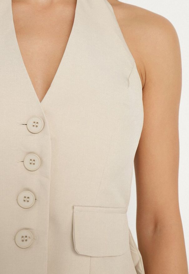 Born2be - Beżowy Komplet Garniturowy Kamizelka na Szyję i Szerokie Spodnie Darelna. Kolor: beżowy. Materiał: materiał