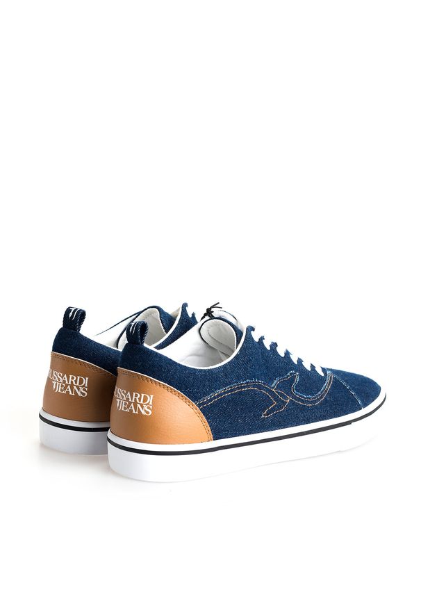 Trussardi Jeans Sneakersy | 77A00133 | Mężczyzna | Niebieski. Nosek buta: okrągły. Kolor: niebieski. Materiał: skóra ekologiczna. Wzór: aplikacja, nadruk