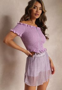 Renee - Fioletowa Spódnica Mini z Siateczki i Metaliczną Nitką Siuze. Kolor: fioletowy. Materiał: tkanina
