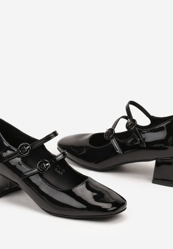 Renee - Czarne Lakierowane Czółenka na Obcasie Typu Słupek z Paseczkami i Klamerkami Cresona. Kolor: czarny. Materiał: lakier. Obcas: na obcasie. Styl: elegancki. Wysokość obcasa: średni