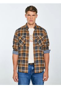 Big-Star - Koszula męska flanelowa w kratę granatowo-pomaraŅczowa Kolisar 403. Okazja: na co dzień. Kolor: niebieski. Materiał: jeans, tkanina, materiał. Wzór: kolorowy, kratka. Styl: casual