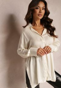 Renee - Jasnobeżowa Gładka Koszula z Mankietami i Kołnierzem Rossy. Kolor: beżowy. Materiał: jeans, skóra. Wzór: gładki
