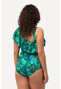 ULLA POPKEN - Damski Strój kąpielowy dżungla miękkie miseczki falbana. Kolekcja: plus size. Kolor: niebieski. Materiał: elastan, poliamid, materiał
