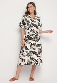 Born2be - Ciemnozielona Sukienka z Wiskozą i Lnem Pudełkowa z Kieszeniami w Kwiatowy Wzór Boho Natundelia. Okazja: na co dzień. Kolor: zielony. Materiał: len, wiskoza. Wzór: kwiaty. Styl: boho #4