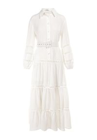 Born2be - Biała Sukienka z Paskiem Dorica. Kolor: biały. Długość rękawa: długi rękaw. Wzór: aplikacja, ażurowy. Sezon: lato. Typ sukienki: koszulowe. Styl: boho. Długość: maxi #2