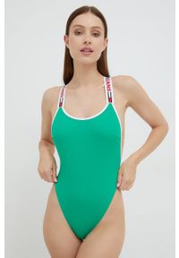 TOMMY HILFIGER - Tommy Hilfiger jednoczęściowy strój kąpielowy kolor zielony miękka miseczka. Kolor: zielony. Materiał: materiał #1