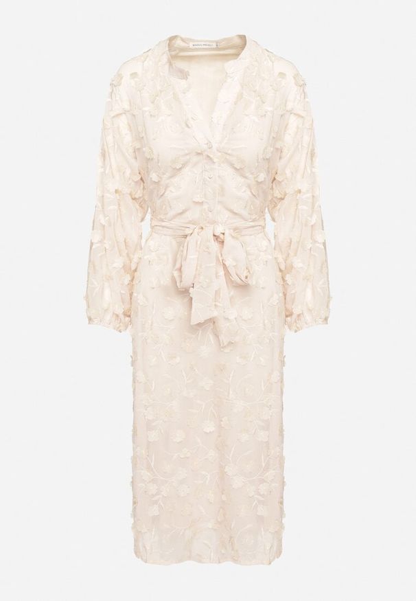 Born2be - Jasnobeżowa Trapezowa Sukienka w Kwiaty Ozdobiona Aplikacjami 3D Guzikami i Paskiem Estinella. Okazja: na co dzień. Kolor: beżowy. Wzór: aplikacja, kwiaty. Typ sukienki: trapezowe. Styl: casual, elegancki, klasyczny