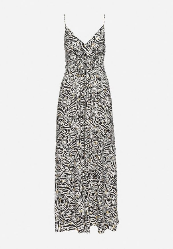 Born2be - Czarno-Biała Bawełniana Sukienka na Regulowanych Ramiączkach z Kopertowym Dekoltem Desvima. Okazja: na co dzień. Kolor: czarny. Materiał: bawełna. Długość rękawa: na ramiączkach. Wzór: nadruk. Sezon: lato. Typ sukienki: kopertowe. Styl: casual, klasyczny, elegancki