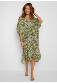 bonprix - Sukienka plażowa oversize z lekkiego szyfonu. Okazja: na plażę. Typ kołnierza: dekolt w serek. Kolor: zielony. Materiał: szyfon. Typ sukienki: oversize. Długość: maxi #1