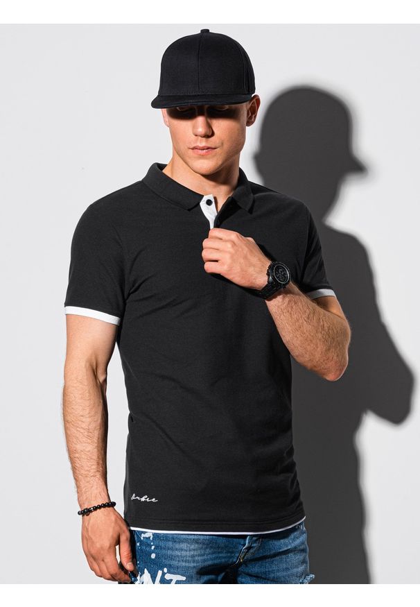 Ombre Clothing - Koszulka męska polo bawełniana S1382 - czarna - XXL. Typ kołnierza: polo. Kolor: czarny. Materiał: bawełna. Wzór: nadruk. Styl: klasyczny