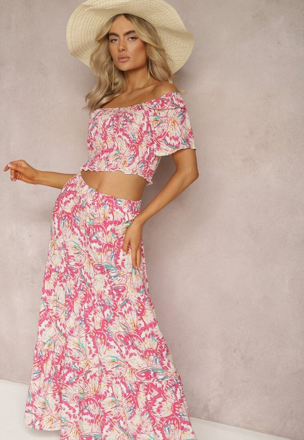 Renee - Fuksjowo-Beżowy Wiskozowy Komplet na Lato Bluzka Hiszpanka i Długa Spódnica Lawn. Kolor: różowy. Materiał: wiskoza. Wzór: aplikacja