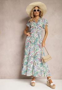 Renee - Biało-Niebieska Letnia Sukienka z Bawełny z Wzorem Paisley i Elastyczną Gumką w Pasie Thetissa. Kolor: biały. Materiał: bawełna. Wzór: paisley. Sezon: lato #3