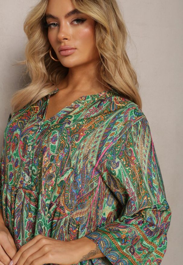 Renee - Zielona Sukienka Bombka z Koszulową Górą w Stylu Boho Alipra. Kolor: zielony. Typ sukienki: bombki, koszulowe. Styl: boho