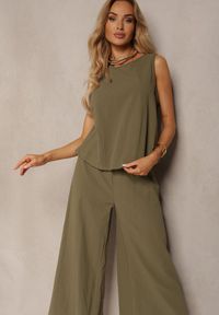 Renee - Ciemnozielony Komplet z Bawełny Spodnie Culottes i Luźny Top Tinelia. Kolor: zielony. Materiał: bawełna. Wzór: aplikacja