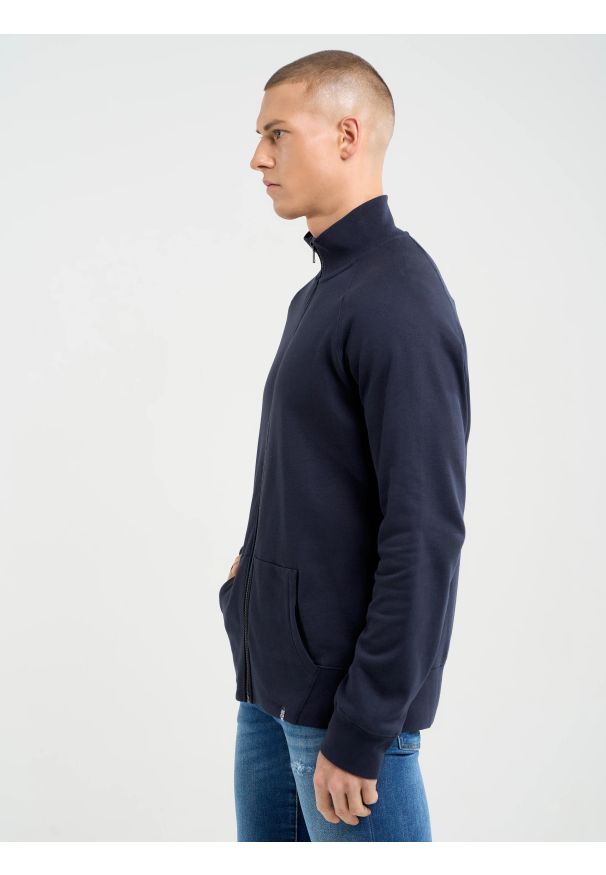 Big-Star - Bluza męska rozpinana granatowa Madorol 403. Typ kołnierza: kaptur, kołnierzyk stójkowy. Kolor: niebieski. Materiał: dzianina, jeans, żakard