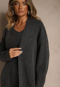 Renee - Ciemnoszary Dzianinowy Komplet z Wełną Prążkowana Sukienka i Długi Kardigan Falonessa. Kolor: szary. Materiał: dzianina, wełna, prążkowany #5