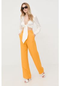 Patrizia Pepe spodnie lniane damskie kolor żółty szerokie high waist. Stan: podwyższony. Kolor: żółty. Materiał: len #2