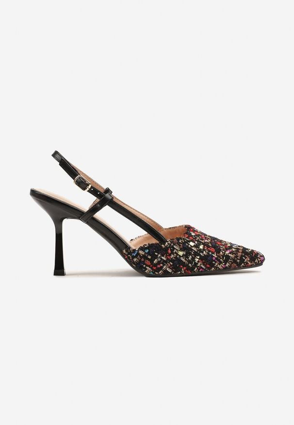 Renee - Czarne Tweedowe Szpilki Typu Slingback z Noskiem w Szpic Binea. Okazja: na co dzień. Zapięcie: sprzączka. Kolor: czarny. Materiał: jeans. Obcas: na szpilce. Styl: casual, elegancki. Wysokość obcasa: średni